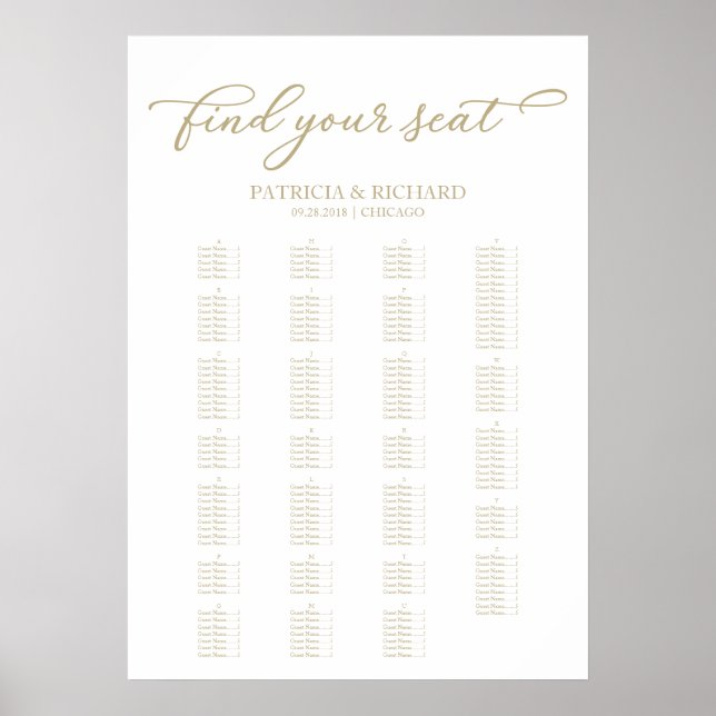 Affiche Plan de table alphabétique élégant en écriture dor (Devant)