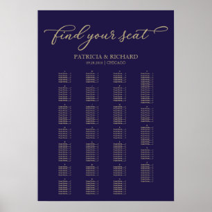 Affiche Plan de table alphabétique Élégant Or Bleu Nuit