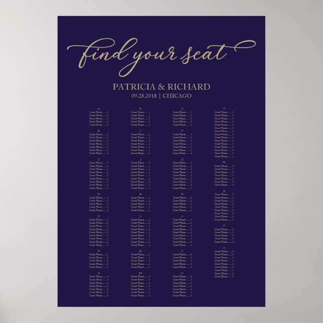 Affiche Plan de table alphabétique Élégant Or Bleu Nuit (Devant)