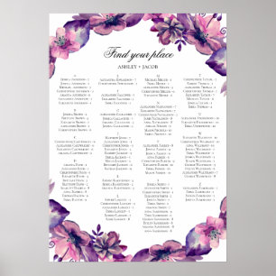 Affiche Plan de table alphabétique. Fleurs violettes et ro