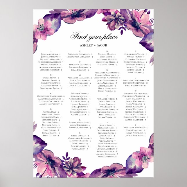 Affiche Plan de table alphabétique. Fleurs violettes et ro (Devant)