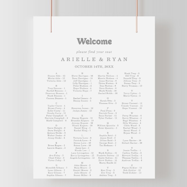 Affiche Plan de table alphabétique minimal élégant formel (Créateur téléchargé)