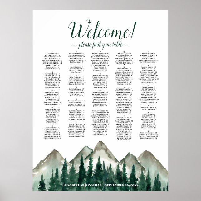 Affiche Plan de table alphabétique Montagnes et Pins (Devant)
