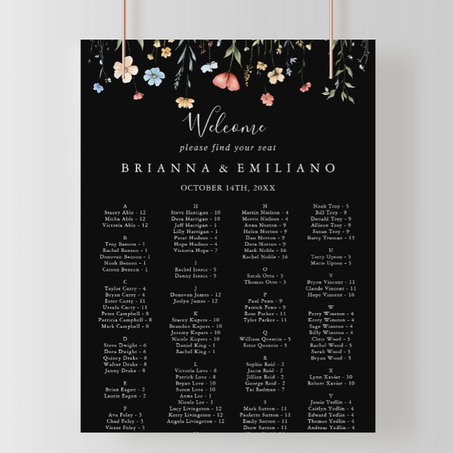 Affiche Plan de table alphabétique noir Fleur sauvage de j (Créateur téléchargé)