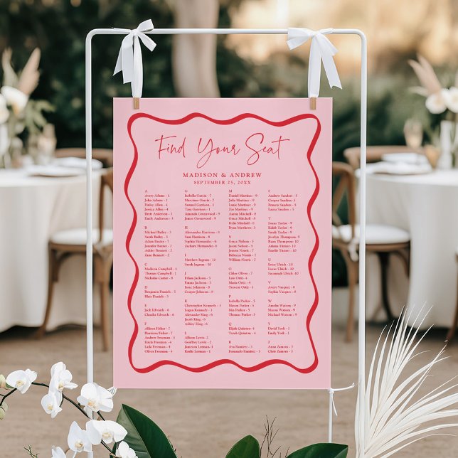 Affiche Plan de table alphabétique ondulé rose moderne rou (Créateur téléchargé)