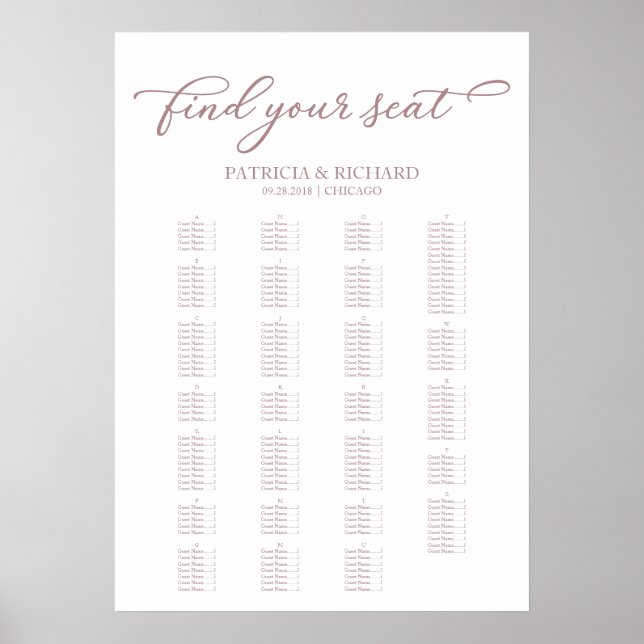 Affiche Plan de table alphabétique Rose Gold Script (Devant)