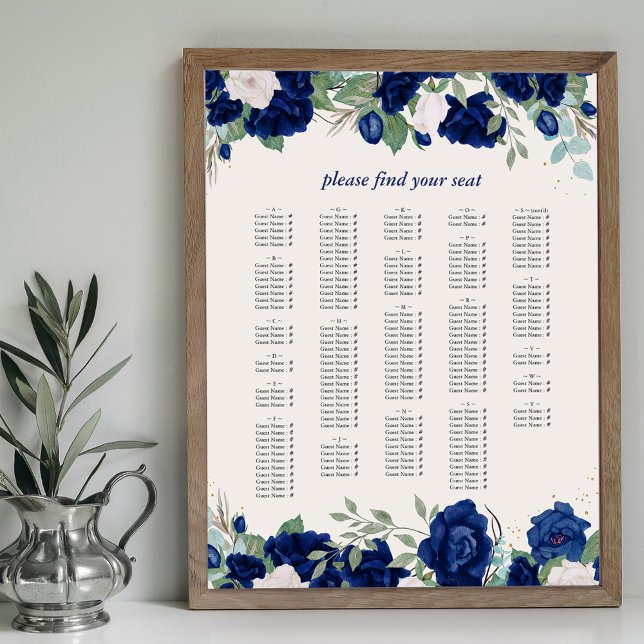 Affiche Plan de table alphabétique Roses Bleu Royal (Alphabetical Seating Chart with royal navy blue rose borders Available printed or printable download)