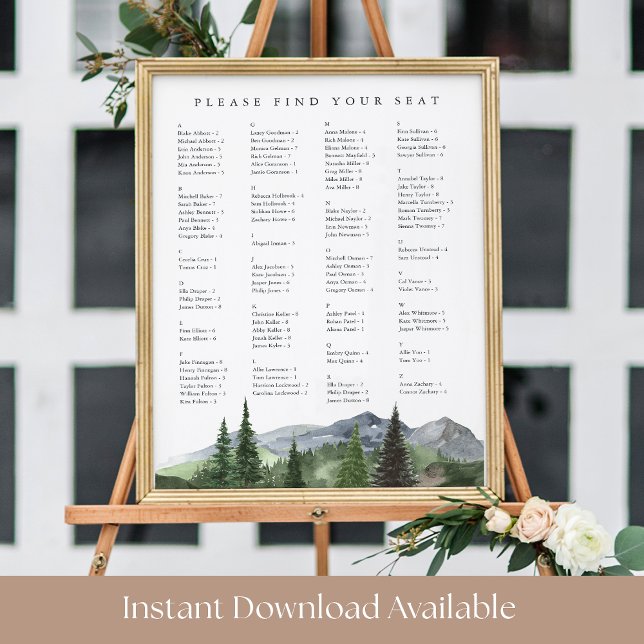 Affiche Plan de table alphabétique Timberline | Mariage (Créateur téléchargé)