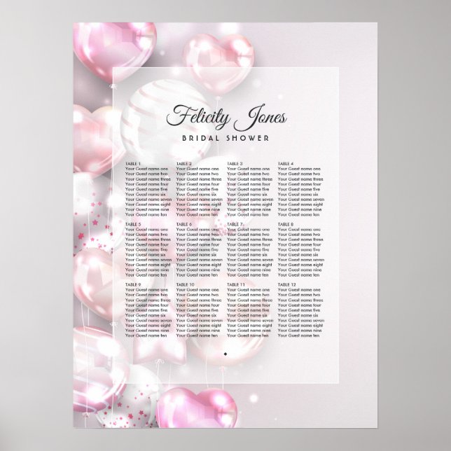 Affiche Plan de table avec ballons rose et or rose (Devant)