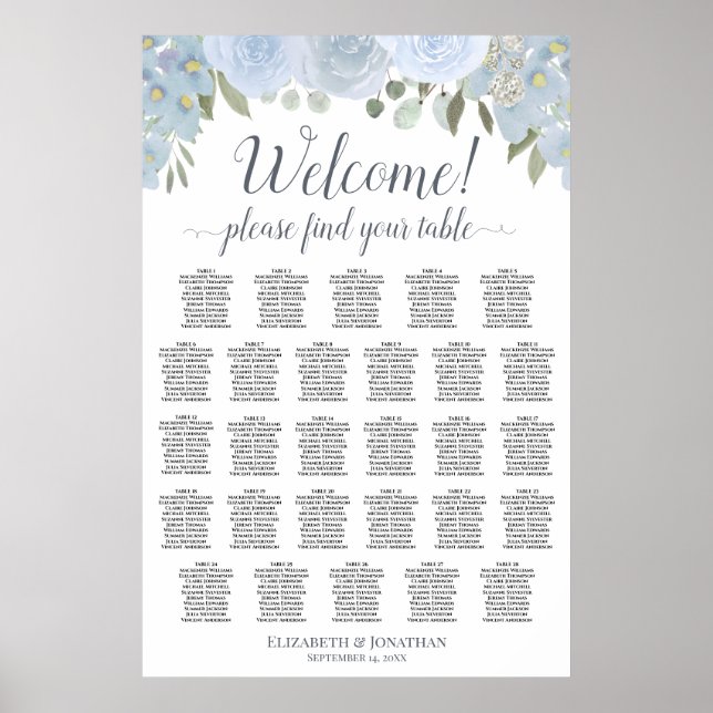 Affiche Plan de table Bohème Chic 28 tables Dusty Blue Flo (Devant)