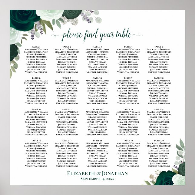 Affiche Plan de table bohème émeraude floral pour 20 table (Devant)