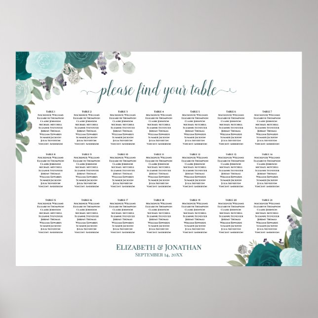 Affiche Plan de table bohème floral sarcelle pour 21 table (Devant)