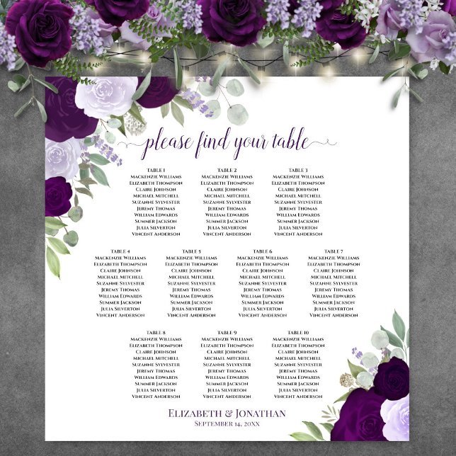 Affiche Plan de table chic avec 10 tables et roses violett (In Situ on Wall with Flowers)