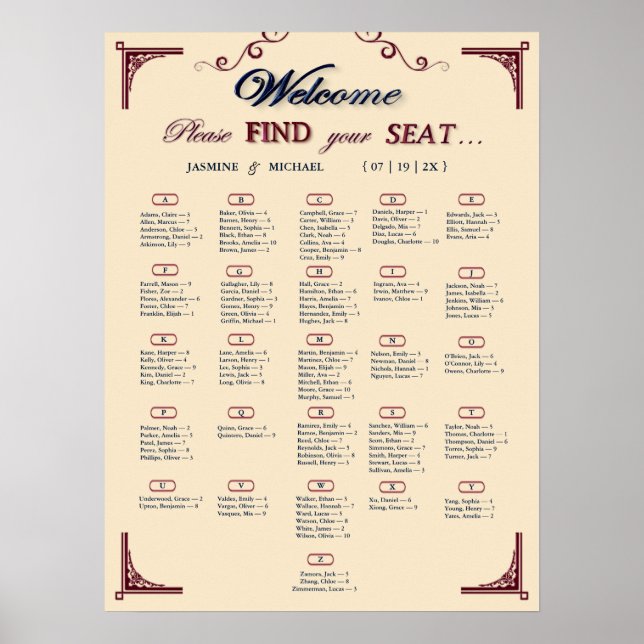 Affiche Plan de table chic mariage Bourgogne, Nuit et Ivoi (Devant)