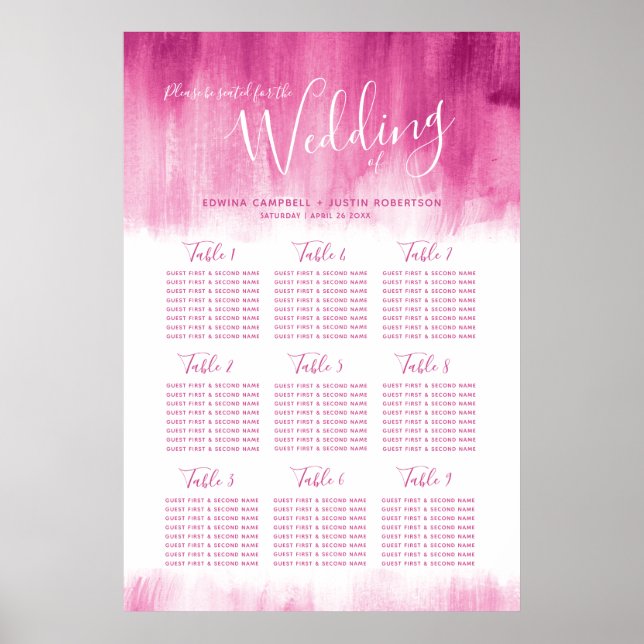 Affiche plan de table d'art abstrait rose-rouge mariage (Devant)