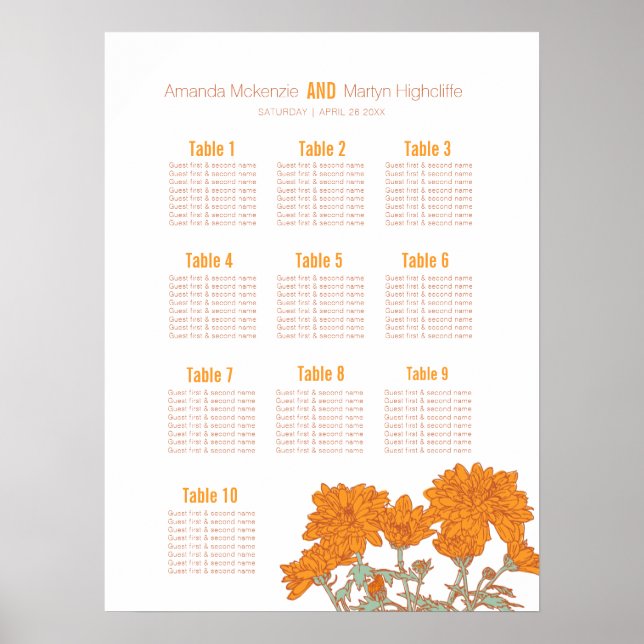 Affiche Plan de table d'art de fleur de chrysanthème orang (Devant)