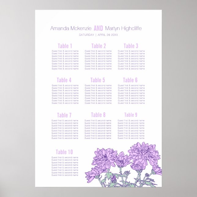 Affiche Plan de table d'art de fleur de chrysanthème viole (Devant)