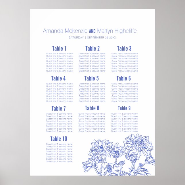Affiche plan de table d'art dessiné bleu mariage chrysanth (Devant)