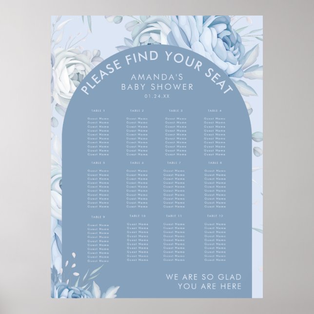 Affiche Plan de table de Baby Shower aux fleurs bleues pou (Devant)