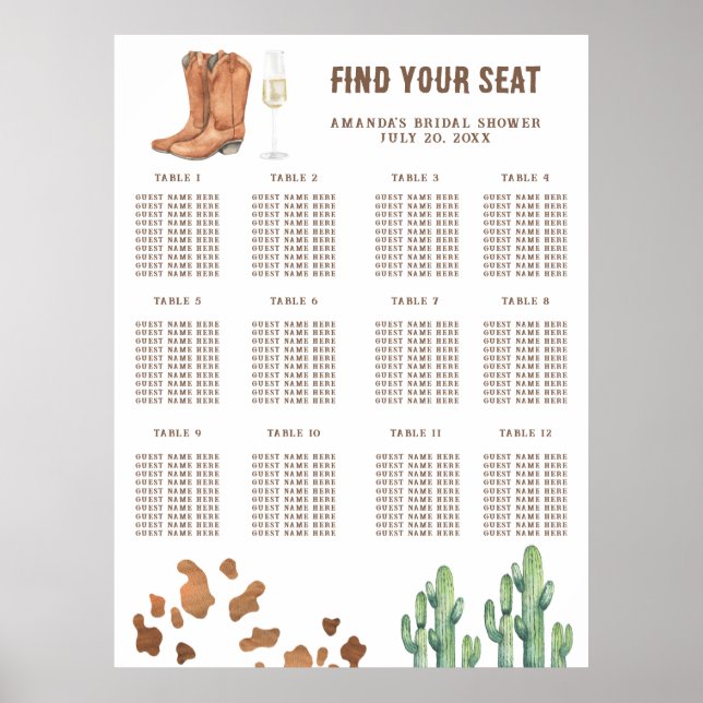Affiche Plan de table de Baby Shower Boots and Bubbly (Devant)