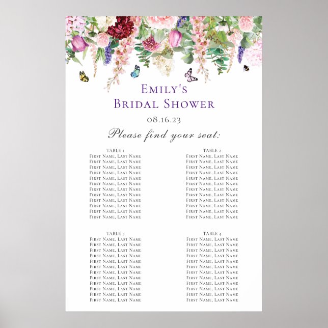 Affiche Plan de table de Baby Shower Floral et Papillon (Devant)