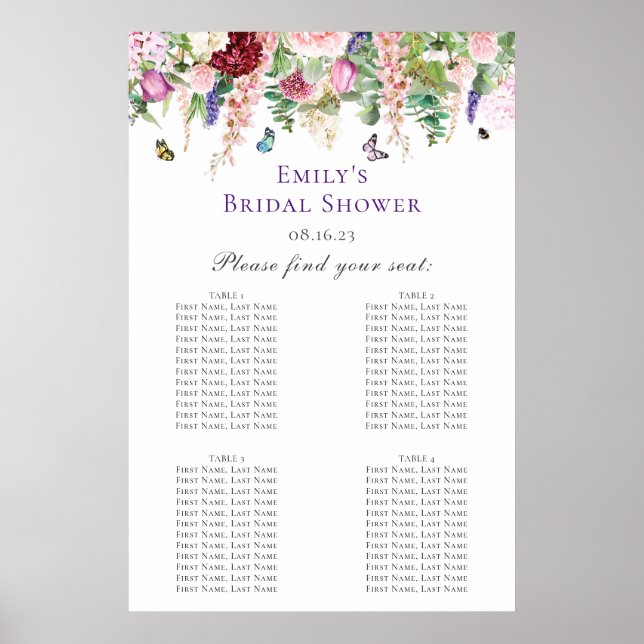 Affiche Plan de table de Baby Shower Floral & Papillon (Devant)