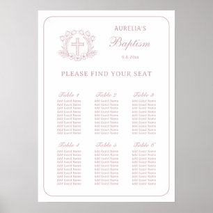 Affiche Plan de table de baptême simple croix florale rose