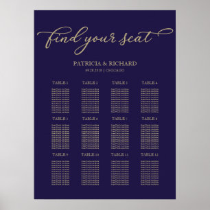 Affiche Plan de table de mariage 12 tables chic or bleu ma