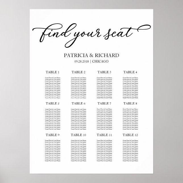 Affiche Plan de table de mariage 12 tables Chic Script (Devant)