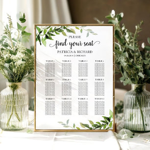 Affiche Plan de table de mariage 12 Tables Élégant feuilla
