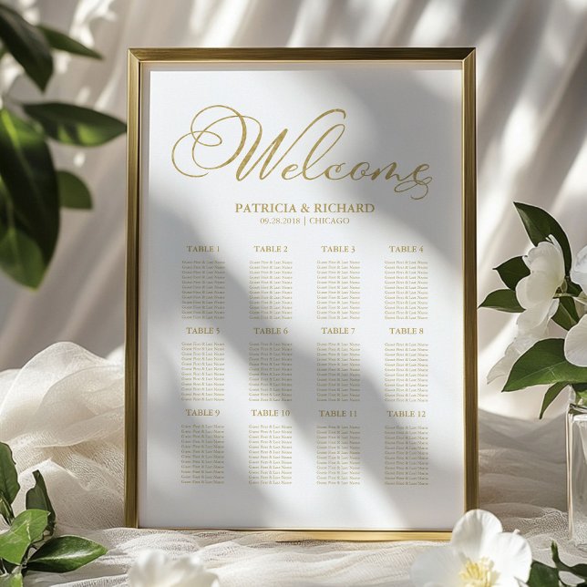 Affiche Plan de table de mariage 12 tables Feuille d'or (Créateur téléchargé)