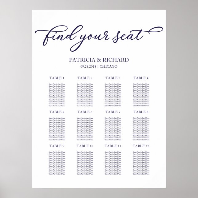 Affiche Plan de table de mariage 12 tables Panneau chic sc (Devant)