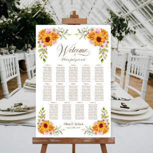 Affiche Plan de table de mariage 14 tables Tournesol Rose
