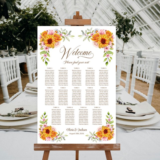 Affiche Plan de table de mariage 14 tables Tournesol Rose (Créateur téléchargé)