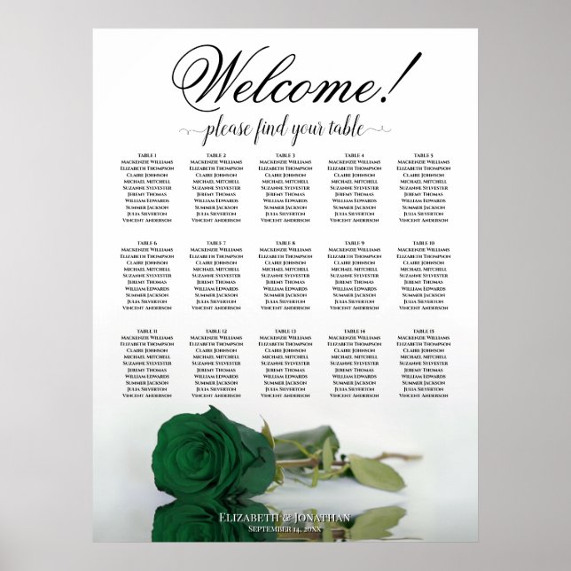 Affiche Plan de table de mariage 15 tables Rose vert émera (Devant)