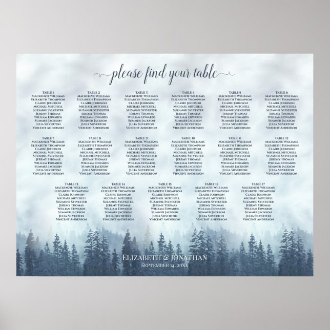 Affiche Plan de table de mariage 17 tables Forêt de pins b (Devant)