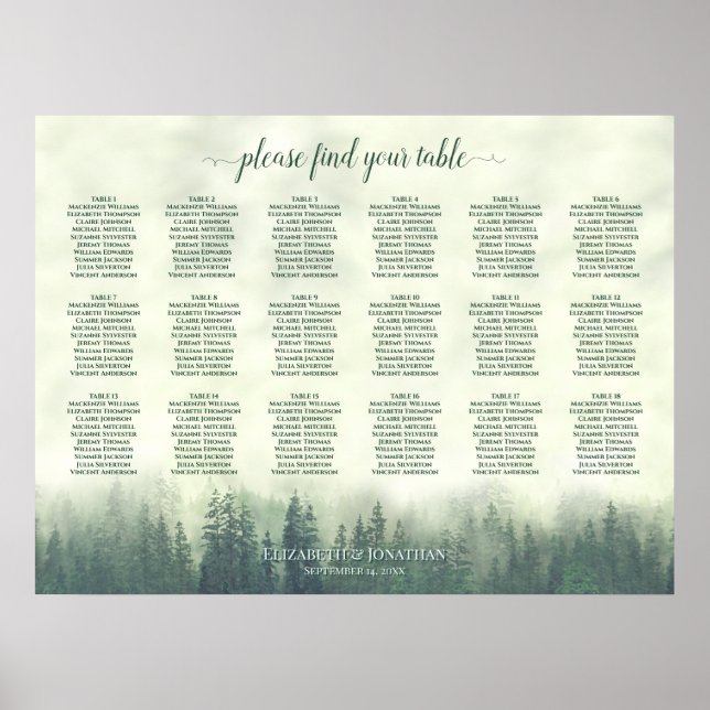 Affiche Plan de table de mariage 18 tables Pins verts brum (Devant)