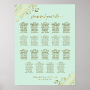 Affiche Plan de table de mariage 19 tables vert menthe et 