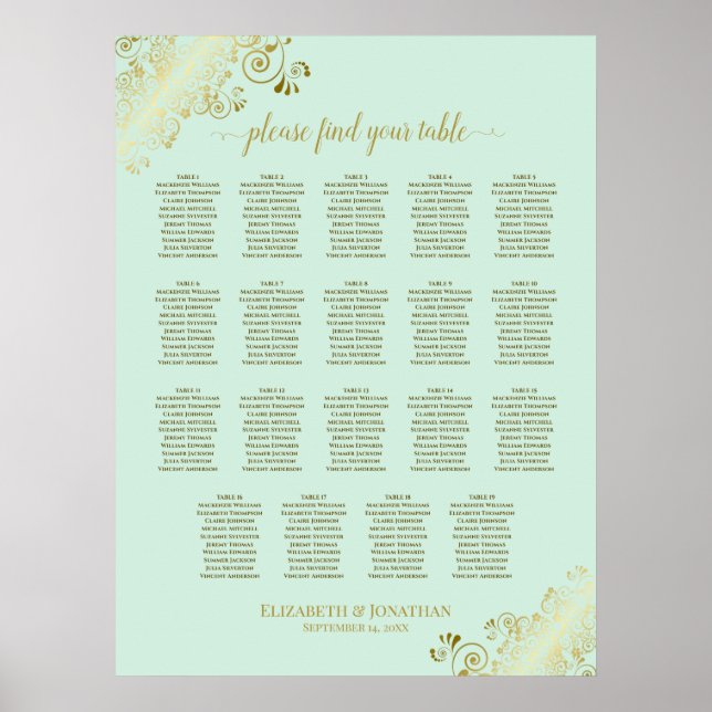 Affiche Plan de table de mariage 19 tables vert menthe et  (Devant)