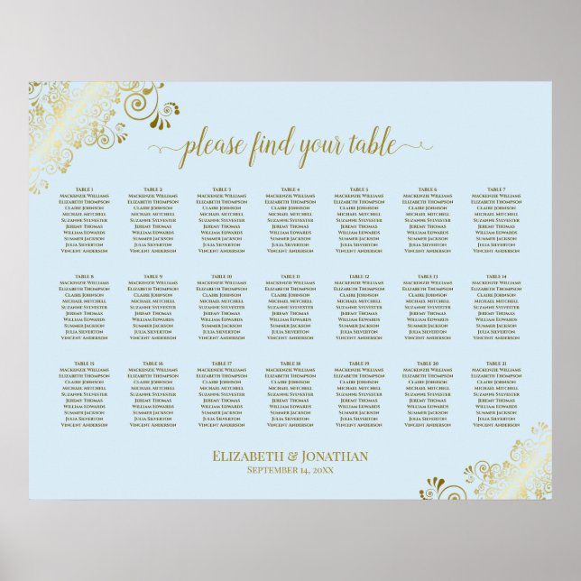 Affiche Plan de table de mariage 21 places Poudre Bleue et (Devant)