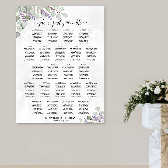 Affiche Plan de table de mariage 22 tables Lavande Eucalyp (In Situ on Wall)