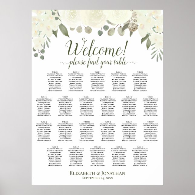 Affiche Plan de table de mariage 22 tables Roses blanches  (Devant)