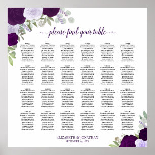 Affiche Plan de table de mariage 24 roses pourpres rustiqu