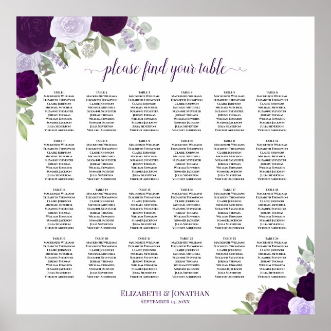 Affiche Plan de table de mariage 24 roses pourpres rustiqu (Devant)