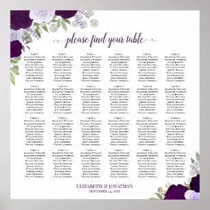 Affiche Plan de table de mariage 24 tables Roses violettes