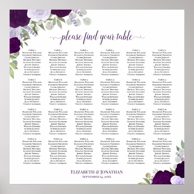 Affiche Plan de table de mariage 24 tables Roses violettes (Devant)