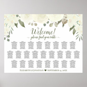 Affiche Plan de table de mariage 25 tables Roses Blanches