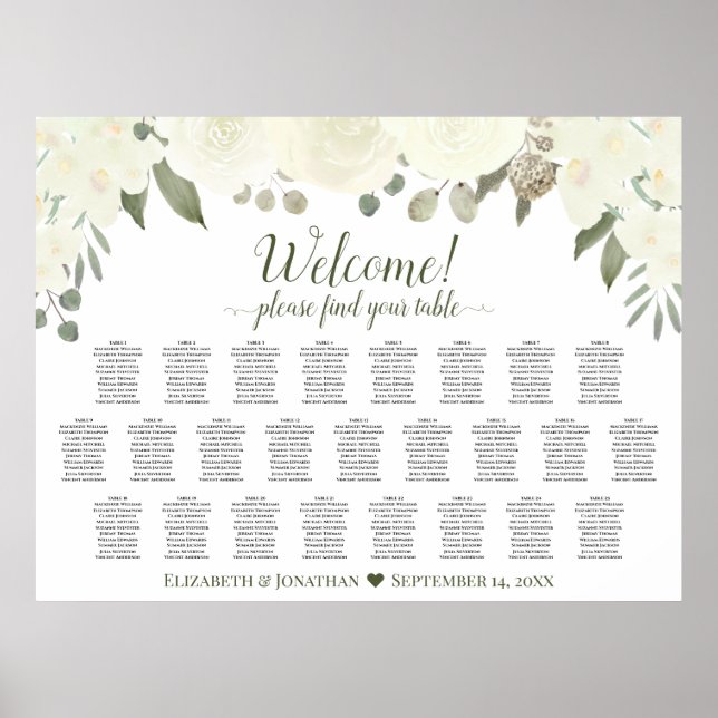 Affiche Plan de table de mariage 25 tables Roses Blanches  (Devant)