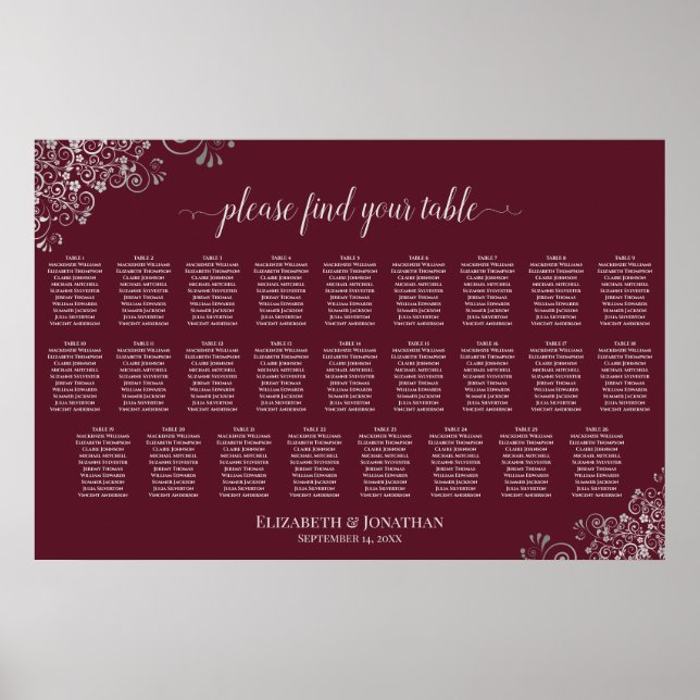 Affiche Plan de table de mariage 26 tables Argent sur Bour (Devant)