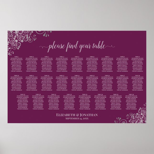 Affiche Plan de table de mariage 26 tables Argent sur Mage (Devant)